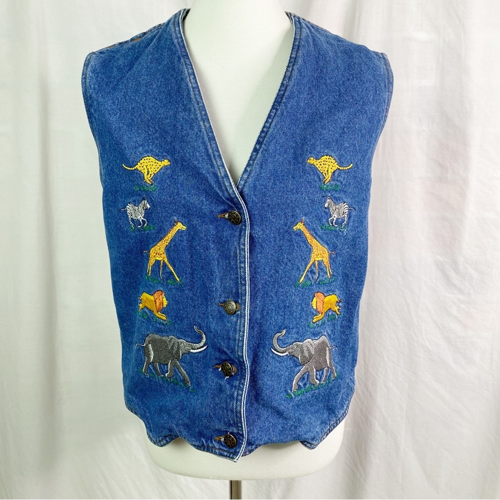 Vintage African Safari Animal Embroidered Denim Vest Corset Back Med